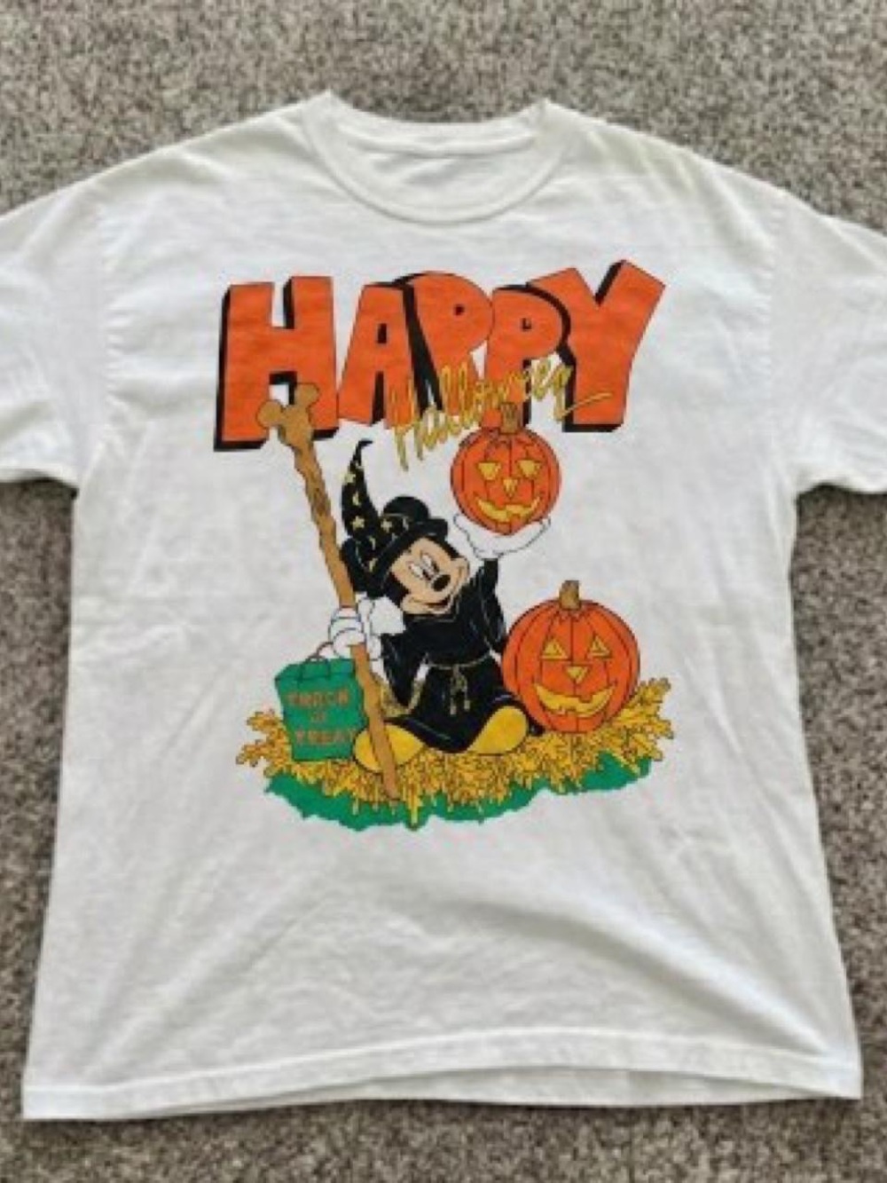 Gildan White Mickey Halloween Graphic Tee with Orange Pumpkins